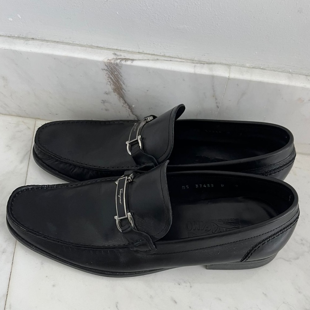 Salvatore Ferragamo Black Leather Slip-On Loafers Size D9